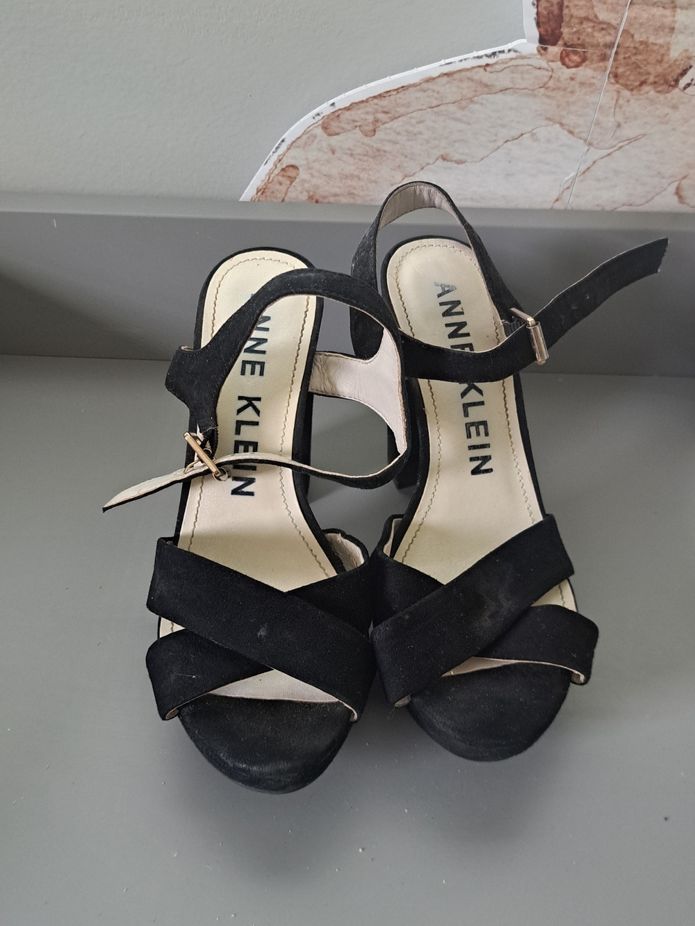 Anne Klein Black Suede Crisscross Block Heel Sandals